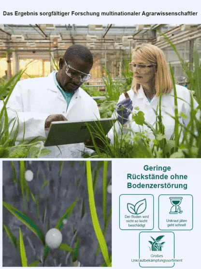 Die Unkrautvernichtungsrate liegt bei bis zu 98 %, das Produkt ist zu 100 % biologisch abbaubar, hat eine EU-CE-Zertifizierung und tötet mehr als 100 resistente Unkräuter ab.