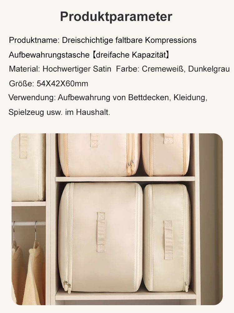 【Dreifache Kapazität】 Dreilagiger, faltbarer Kompressions-Aufbewahrungsbeutel, dreilagiger Reißverschluss zur freien Größenanpassung, kombiniert mit Kompressionsfunktion, reduziert effektiv die Bodenfläche und spart sofort das Dreifache an Platz