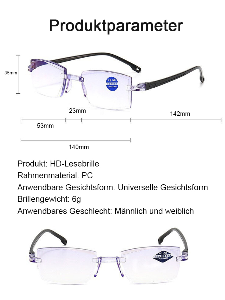 HD-Gleitsichtgläser mit optischem Autofokus und Blaufilter, TÜV-zertifiziert, blockieren 99,9 % des blauen Lichts, Zoombereich von 100 bis 700 Grad. Genießen Sie klare Sicht im Nah- und Fernbereich