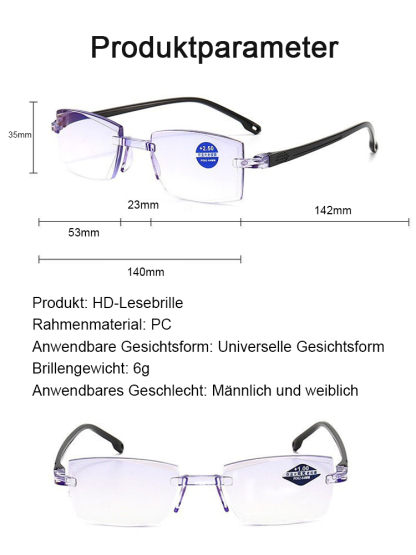 HD-Gleitsichtgläser mit optischem Autofokus und Blaufilter, TÜV-zertifiziert, blockieren 99,9 % des blauen Lichts, Zoombereich von 100 bis 700 Grad. Genießen Sie klare Sicht im Nah- und Fernbereich