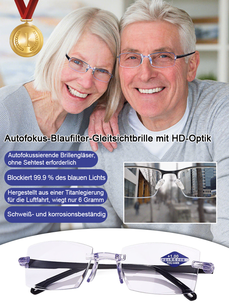 HD-Gleitsichtgläser mit optischem Autofokus und Blaufilter, TÜV-zertifiziert, blockieren 99,9 % des blauen Lichts, Zoombereich von 100 bis 700 Grad. Genießen Sie klare Sicht im Nah- und Fernbereich