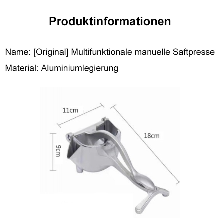 Der aus den USA importierte multifunktionale manuelle Entsafter besteht aus lebensmittelechtem 316-Edelstahl und verfügt über eine deutsche TÜV-Sicherheitszertifizierung. Es dauert nur 3 Sekunden, um die gesamte Feuchtigkeit aus dem Fruchtfleisch herauszu