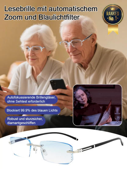 Automatische Zoom-Brille mit Anti-Blaulicht-Effekt, kann 99,9 % des blauen Lichts blockieren, -7 bis +7 passt sich automatisch Ihren Sehbedürfnissen an, lebenslange kostenlose Garantie