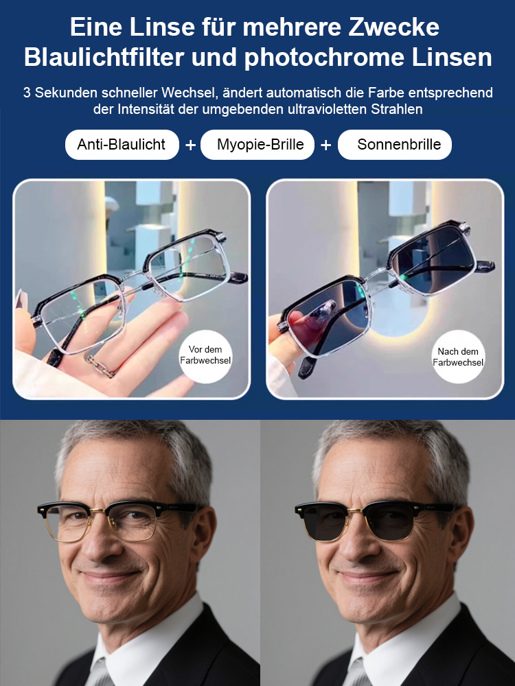 【Kostenlose Testversion】 Photochrome Brille mit automatischem Zoom und Blaulichtschutz zur Vorbeugung von Alterssichtigkeit.