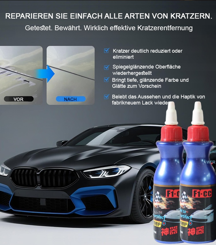 Die fortschrittlichste Nanotechnologie in den USA, zertifiziert vom Deutschen Automobilclub (DAAD), unabhängig von der Farbe oder dem Modell Ihres Autos oder der Tiefe des Kratzers, dauert nur drei Sekunden und ein paar einfache Wischbewegungen, und der K