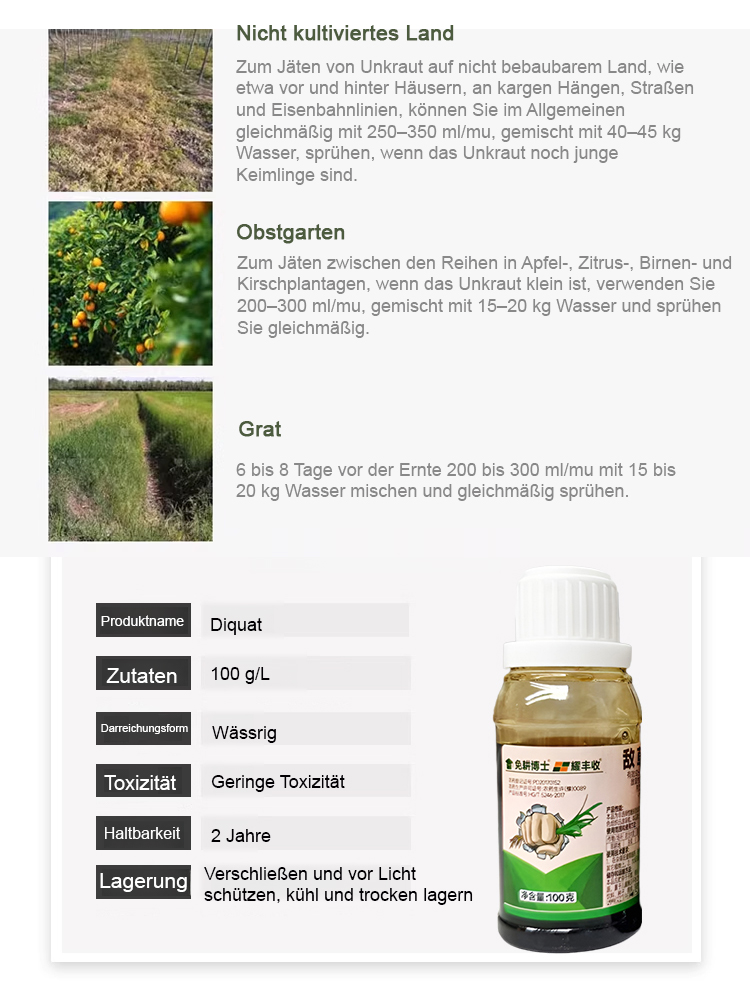 Die Unkrautvernichtungsrate liegt bei bis zu 98 %, das Produkt ist zu 100 % biologisch abbaubar, hat eine EU-CE-Zertifizierung und tötet mehr als 100 resistente Unkräuter ab.