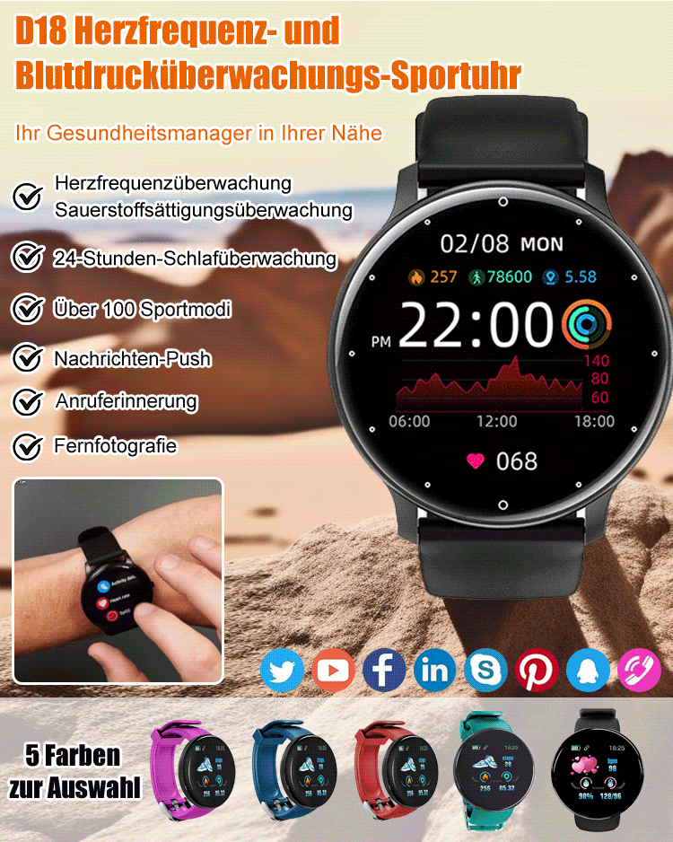 Ein Sportarmband zur Überwachung von Herzfrequenz und Blutdruck, das präzise den Blutzucker-, Blutsauerstoffgehalt, die Herzfrequenz und die Körpertemperatur misst, mit einer Genauigkeit von bis zu 99,99%. ⌚️💪