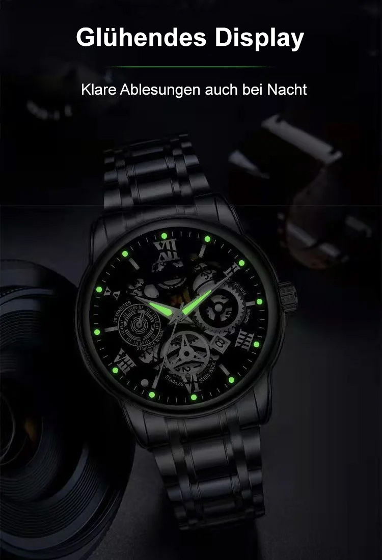 "Hochwertiges Schweizer Uhrwerk und Saphirglas-Mechanikuhr, ein Symbol männlicher Eleganz. Frauen werden begeistert auf Sie zukommen. ⌚💎✨"
