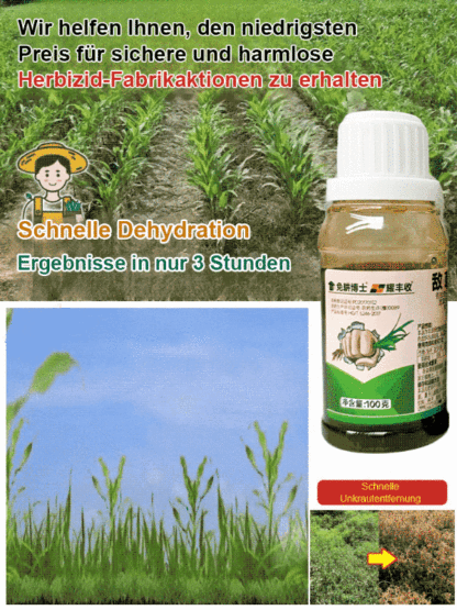 Die Unkrautvernichtungsrate liegt bei bis zu 98 %, das Produkt ist zu 100 % biologisch abbaubar, hat eine EU-CE-Zertifizierung und tötet mehr als 100 resistente Unkräuter ab.