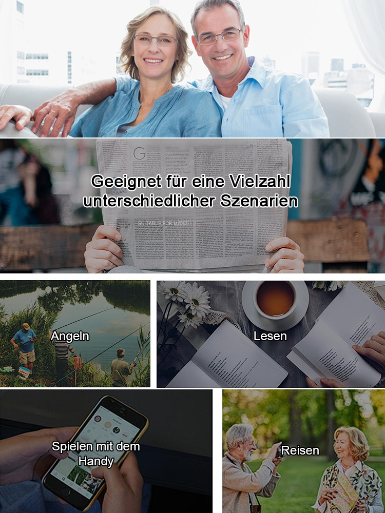 HD-Gleitsichtgläser mit optischem Autofokus und Blaufilter, TÜV-zertifiziert, blockieren 99,9 % des blauen Lichts, Zoombereich von 100 bis 700 Grad. Genießen Sie klare Sicht im Nah- und Fernbereich