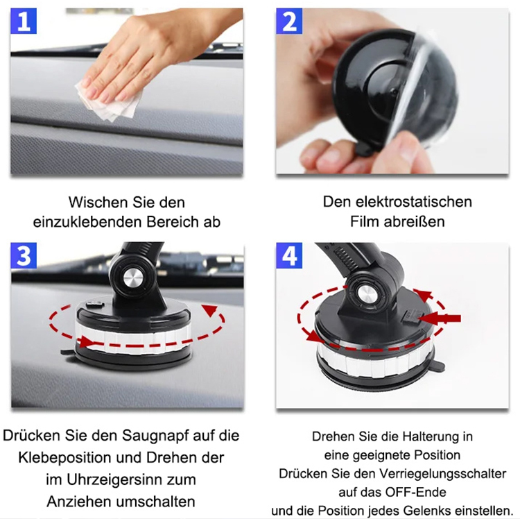 Der Handyhalter mit Saugnapf kann 10 kg tragen, ohne herunterzufallen, und lässt sich frei um 360 Grad drehen, sodass Sie nicht nach unten schauen müssen, um die Navigation zu überprüfen, was das Fahren sicherer macht