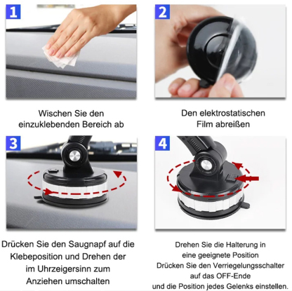 Der Handyhalter mit Saugnapf kann 10 kg tragen, ohne herunterzufallen, und lässt sich frei um 360 Grad drehen, sodass Sie nicht nach unten schauen müssen, um die Navigation zu überprüfen, was das Fahren sicherer macht