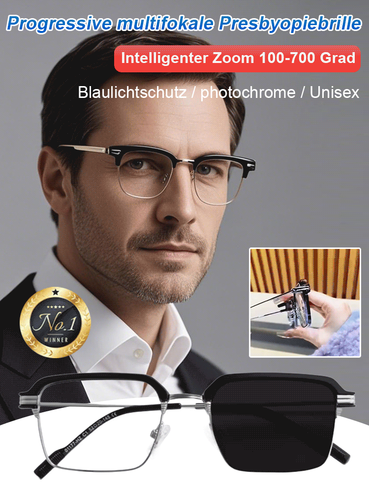 【Kostenlose Testversion】 Photochrome Brille mit automatischem Zoom und Blaulichtschutz zur Vorbeugung von Alterssichtigkeit.
