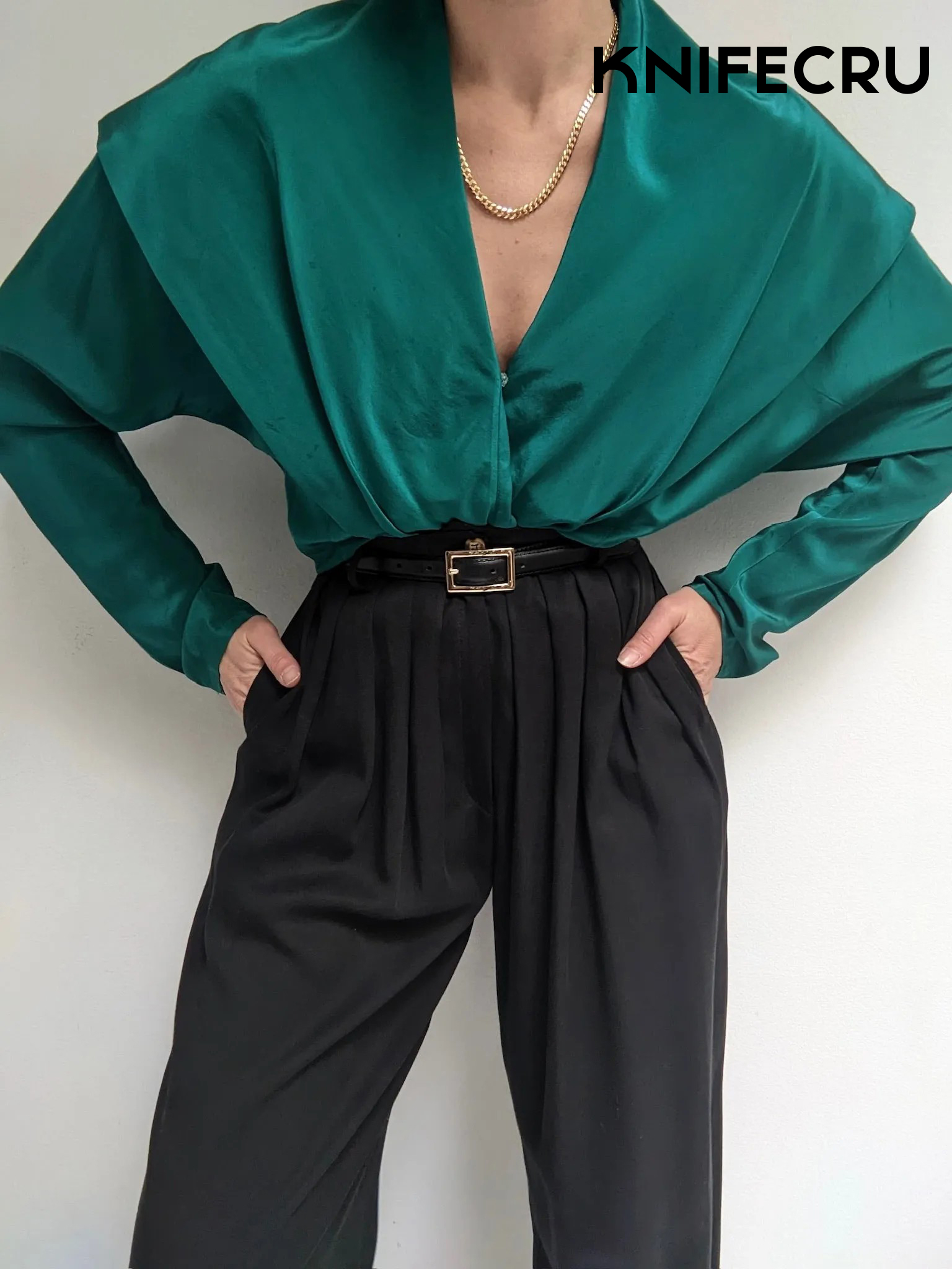 SEAMORCC® Vintage Jade Silk Draped Collar Blouse