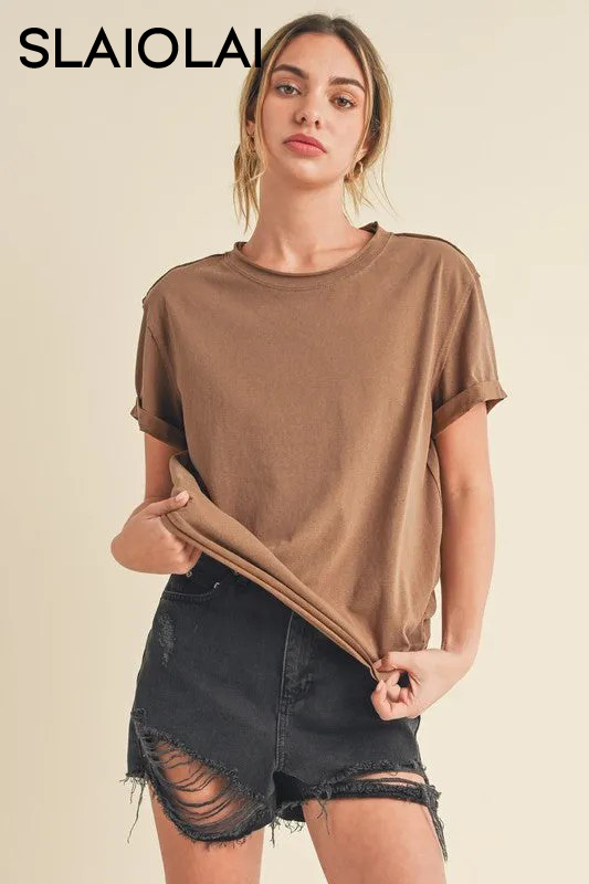 Aemi + Co Exposed Seam Round Neck Short Sleeve T-Shirt