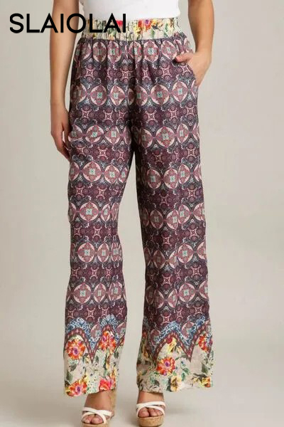 Umgee Full Size Mixed Print Elastic Waistband Pants Plus Size