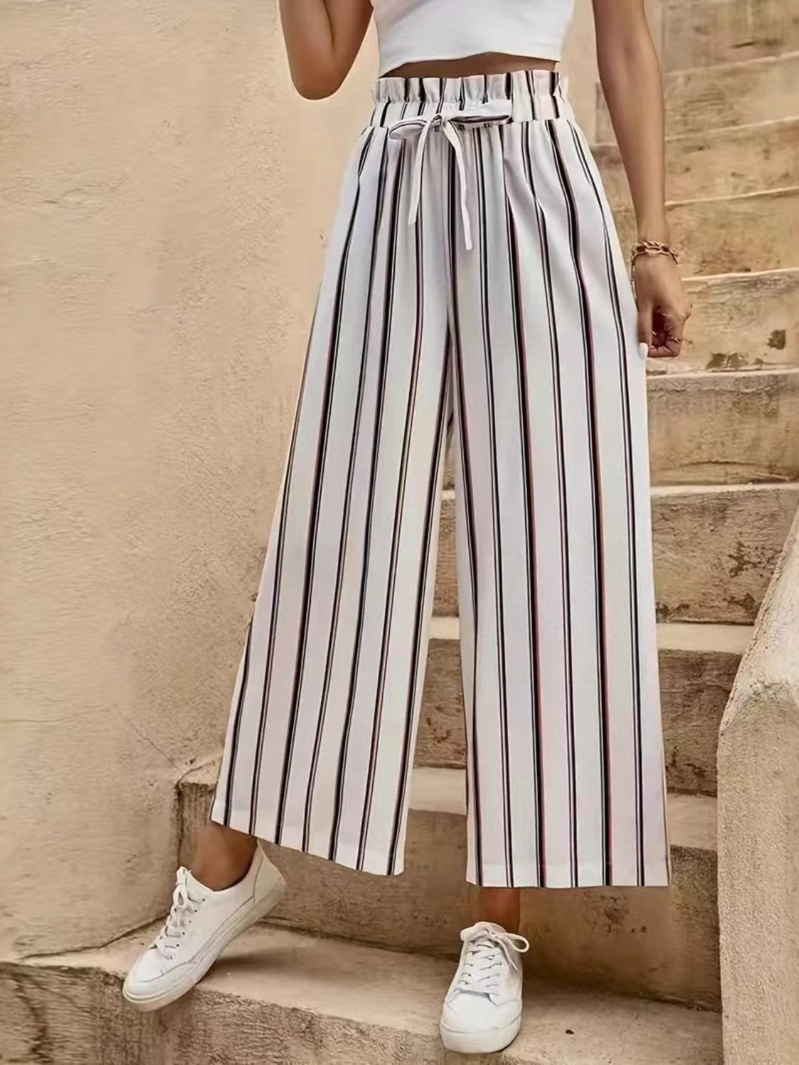 Tied Striped Wide Leg Pants