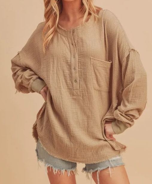 Aemi + Co Exposed Seam Raw Hem Half Button Top