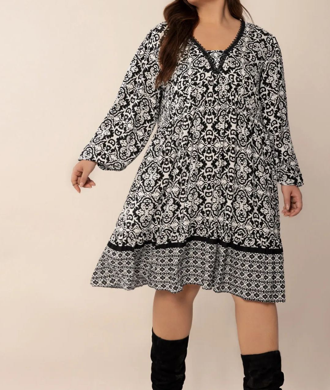 Plus Size Lace Detail Printed Balloon Sleeve Dress