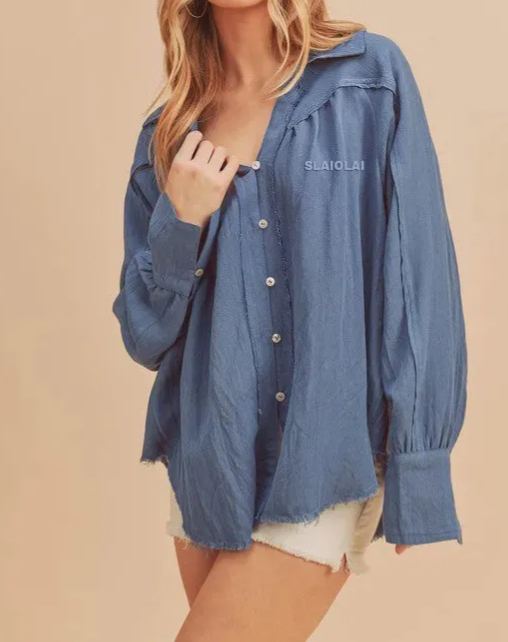 slaiolai Aemi + Co Raw Hem Button Down Raglan Sleeve Shirt