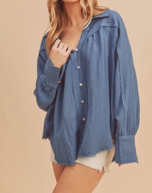 Aemi + Co Raw Hem Button Down Raglan Sleeve Shirt