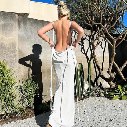 Pawdear Casual Fashion Party Beach Vacation Summer sexy backless tie temperament long dress breasted neck dress