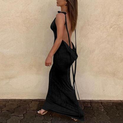 Pawdear Casual Fashion Party Beach Vacation Summer sexy backless tie temperament long dress breasted neck dress