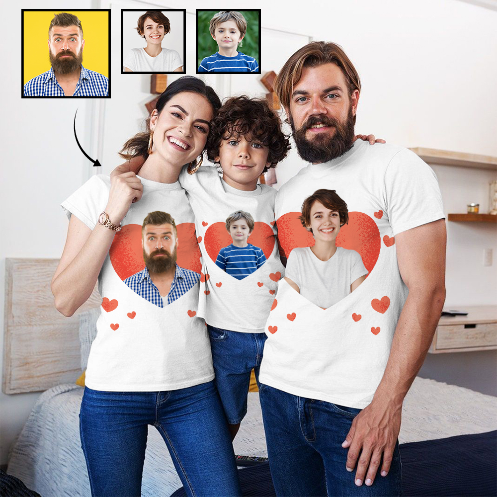 Custom Family Portrait Red Love Heart Background T-shirt