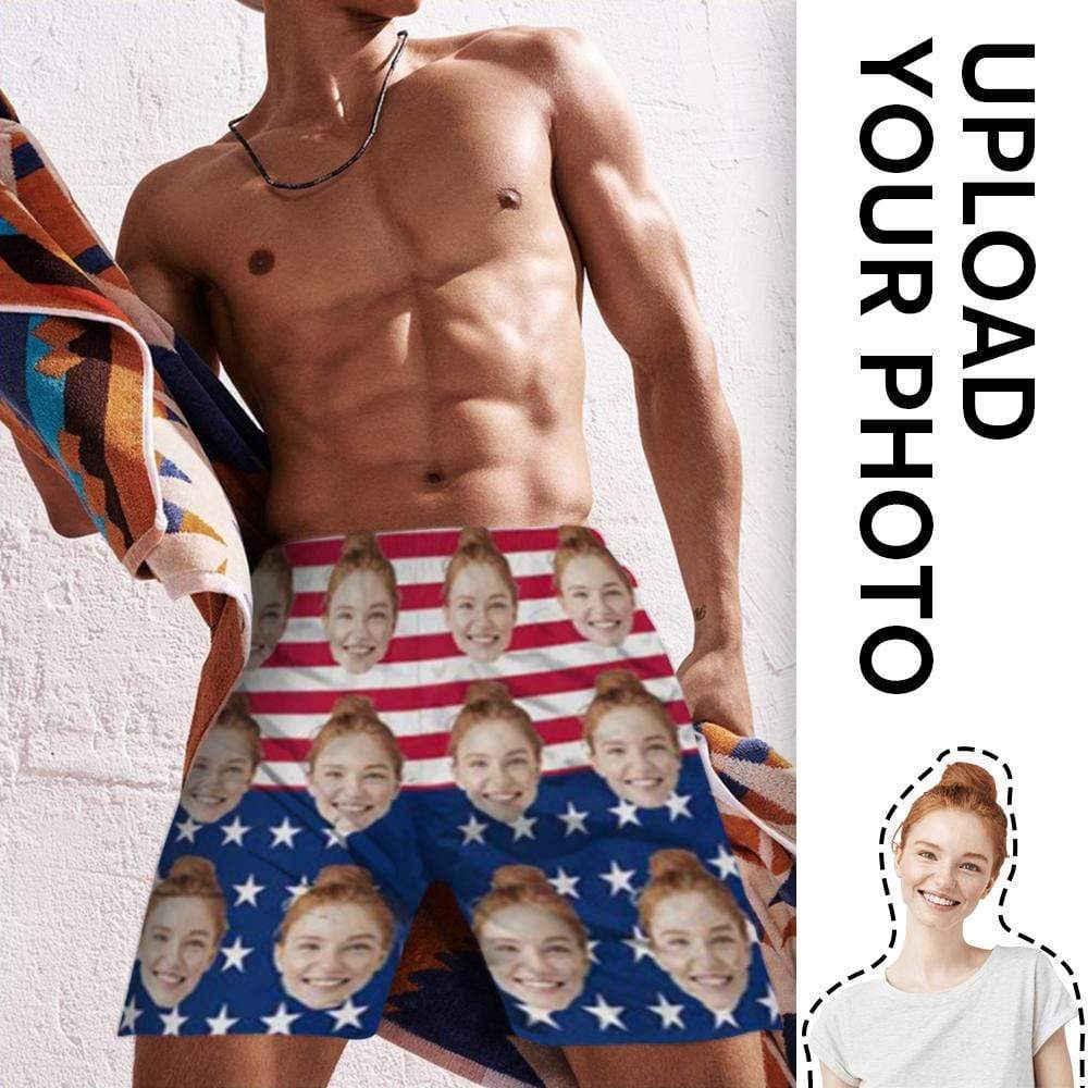 【Hot Selling】4th of July Beach outfits Custom Face Flag Personalized Photo Men's Elastic Beach Shorts - YesCustom