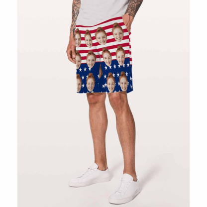4th of July Beach outfits Custom Face Flag Personalized Photo Men's Elastic Beach Shorts