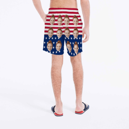 4th of July Beach outfits Custom Face Flag Personalized Photo Men's Elastic Beach Shorts