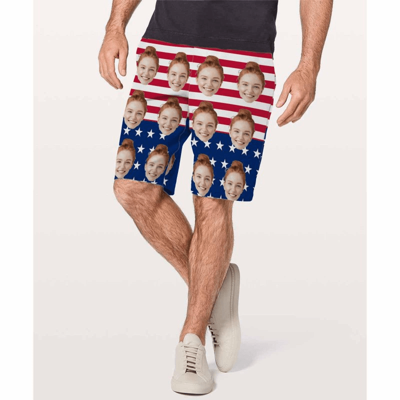 4th of July Beach outfits Custom Face Flag Personalized Photo Men's Elastic Beach Shorts