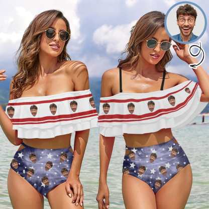Custom Face Stars White&Blue Two-Piece Ruffle High Waisted Bikini Set