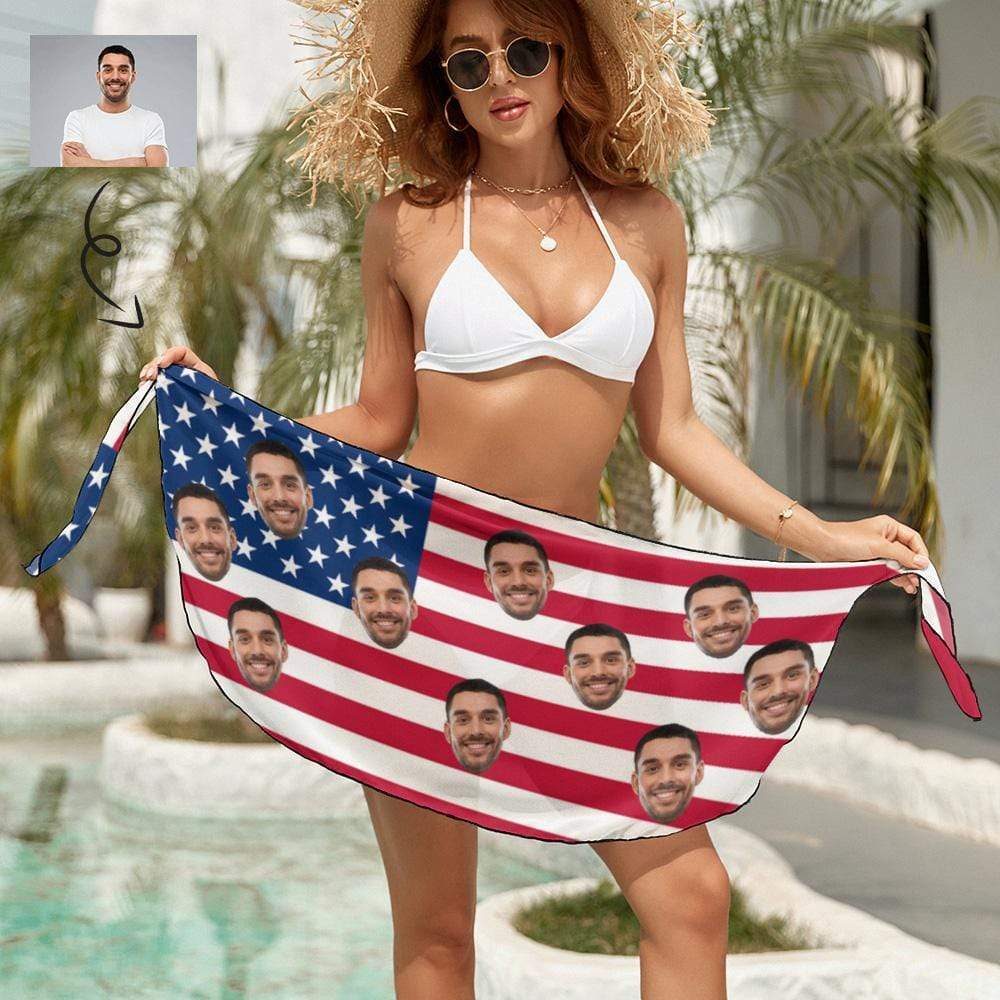 Custom Custom Face American Flag Swim Bikini & Coverup Personalized Bathing Suit And Short Sarongs Beach Wrap For Women - YesCustom
