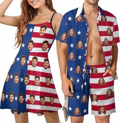 Custom Couple Hawaiian Dress Set Cruise Outfit Custom Face American Flag Style Hawaiian Shirt Set&Dress - YesCustom