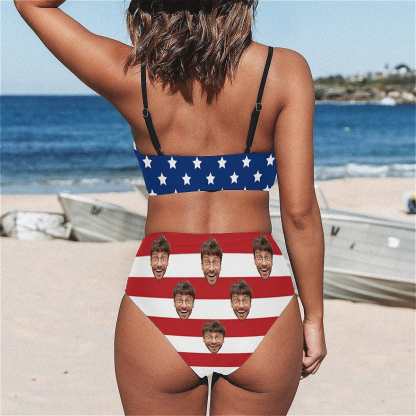 Custom Custom Face American Flag Bikini Sets High Waisted V Neck Twist Front Adjustable Spaghetti Straps Bathing Suit - YesCustom