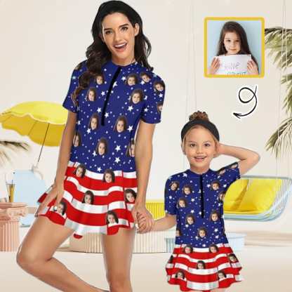 Custom Custom Face American Flag Family Swimsuit Swimdress Personalized One-Piece Swimsuit For Women and Girls - YesCustom