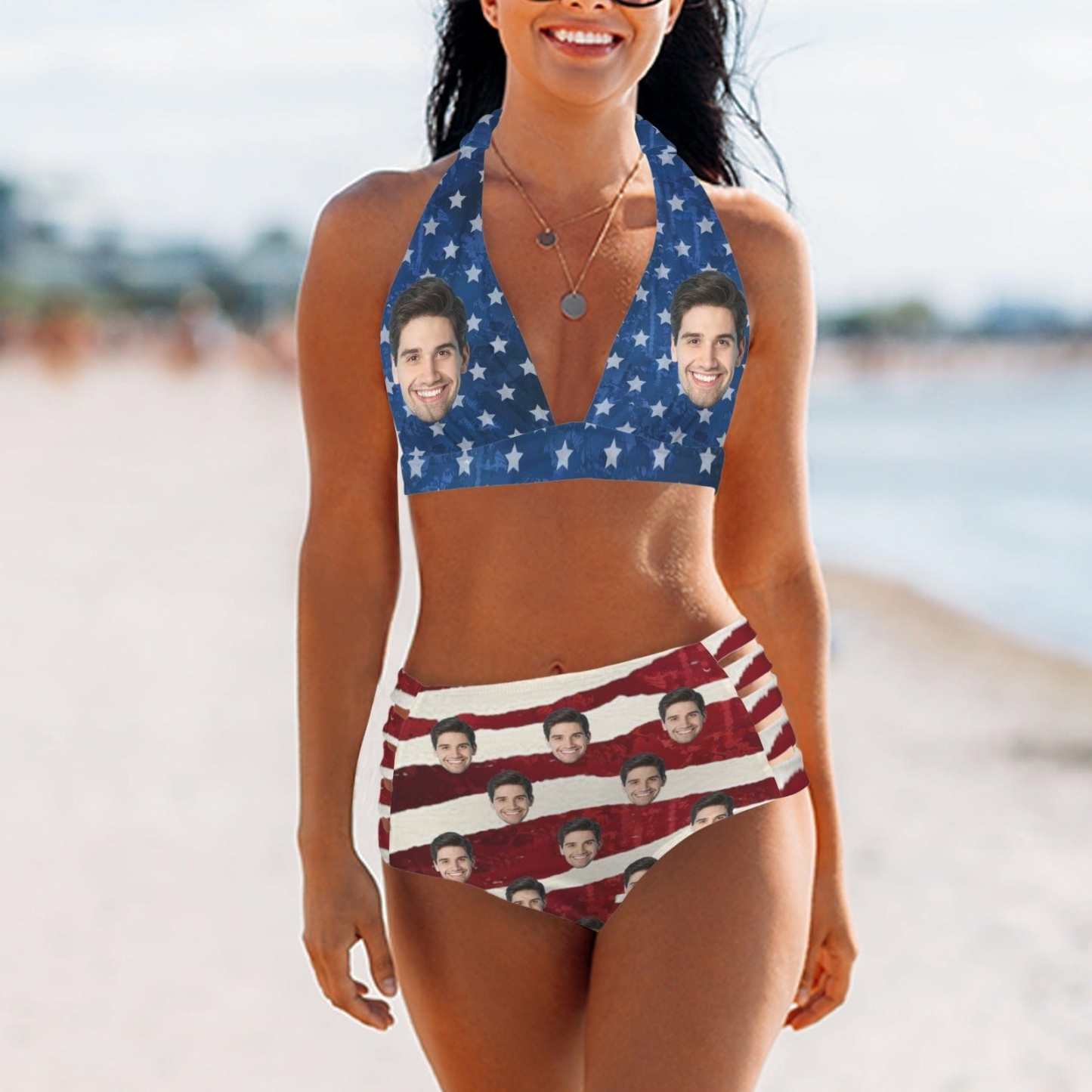 Custom Custom Face American Flag Halterneck String Bikini Personalized High Waist Two-piece Bikini Swimsuit - YesCustom