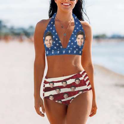 Custom Custom Face American Flag Halterneck String Bikini Personalized High Waist Two-piece Bikini Swimsuit - YesCustom