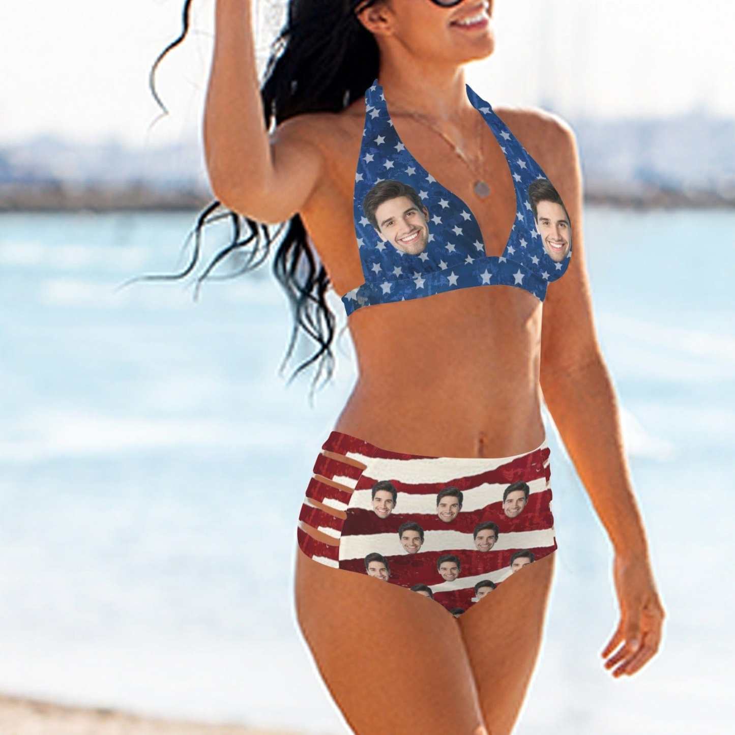 Custom Custom Face American Flag Halterneck String Bikini Personalized High Waist Two-piece Bikini Swimsuit - YesCustom