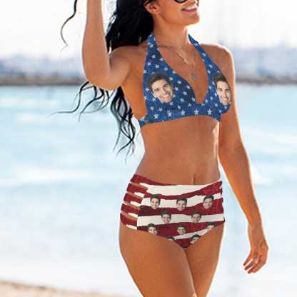 Custom Custom Face American Flag Halterneck String Bikini Personalized High Waist Two-piece Bikini Swimsuit - YesCustom