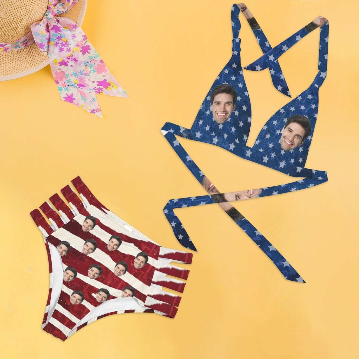 Custom Custom Face American Flag Halterneck String Bikini Personalized High Waist Two-piece Bikini Swimsuit - YesCustom