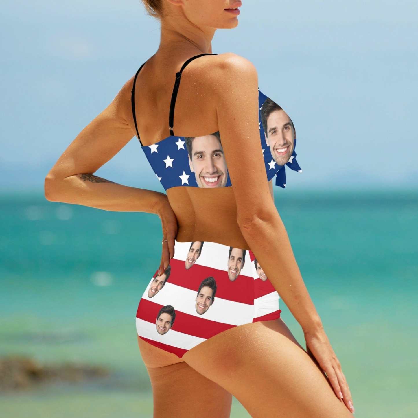 Custom Custom Face American Flag High Waist Bikini Personalized Chest Bow Two-piece Bikini Swimsuit Set - YesCustom