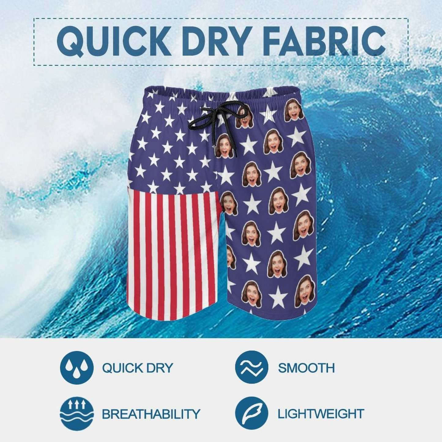 Custom Custom Face American Flag Pentagram Men's Quick-drying Beach Shorts - YesCustom