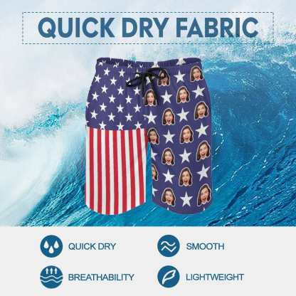 Custom Custom Face American Flag Pentagram Men's Quick-drying Beach Shorts - YesCustom