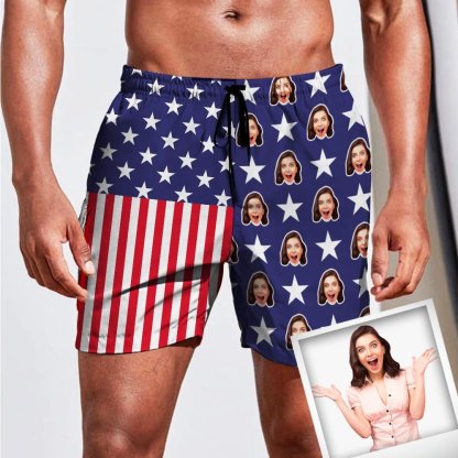 Custom Custom Face American Flag Pentagram Men's Quick-drying Beach Shorts - YesCustom