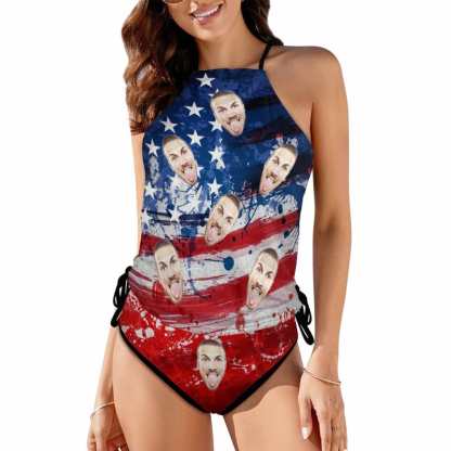 Custom Custom Face American Flag Splash Ink Womens Sexy Halter Tummy Control Swimsuit Tankini Top Sets Fashion Two Piece Bathing Suit with Tie Side - YesCustom