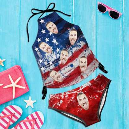 Custom Custom Face American Flag Splash Ink Womens Sexy Halter Tummy Control Swimsuit Tankini Top Sets Fashion Two Piece Bathing Suit with Tie Side - YesCustom