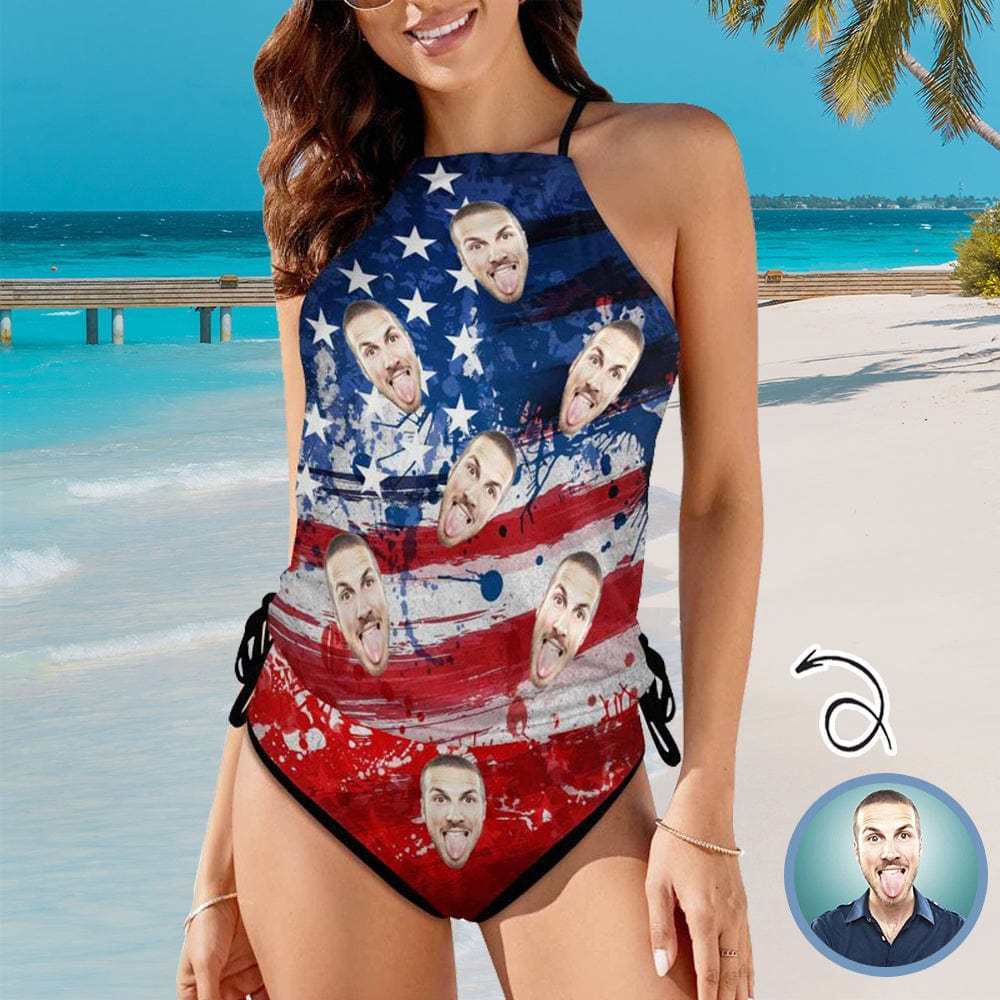 Custom Custom Face American Flag Splash Ink Womens Sexy Halter Tummy Control Swimsuit Tankini Top Sets Fashion Two Piece Bathing Suit with Tie Side - YesCustom