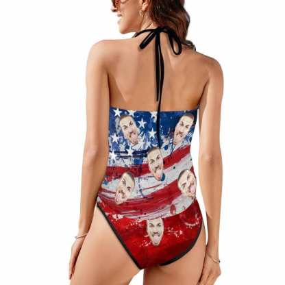 Custom Custom Face American Flag Splash Ink Womens Sexy Halter Tummy Control Swimsuit Tankini Top Sets Fashion Two Piece Bathing Suit with Tie Side - YesCustom